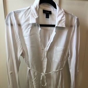 Mixed material white tie waist blouse
